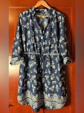 Time To Bloom Navy Bandana Print Lightweight Dress With 3/4 Sleeves Size 2X